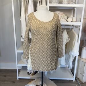 Women's Size L Beige Side Split Top with Cream lace underlay- fall, dainty #3132